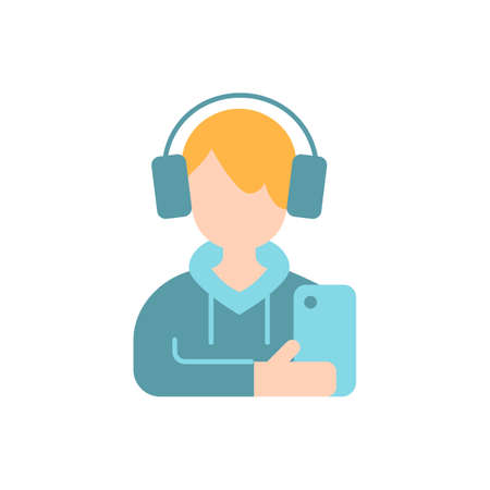 Teenage boy vector flat color icon. Male teenager. Adolescence, gen z. School kid, child with smartphone. Person avatar. Cartoon style clip art for mobile app. Isolated RGB illustrationのイラスト素材