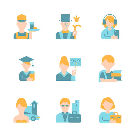 Social status vector flat color icon set. Different age and genders. Person avatar. Men and women, people in society. Cartoon style clip art for mobile app pack. Isolated RGB illustration bundleのイラスト素材