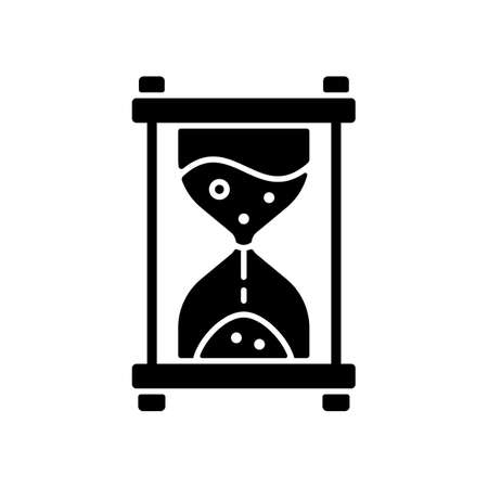 Hour glass black glyph icon. Time measurement. Countdown with old clock. Solving puzzles. Part of mystery quest. Escape room. Silhouette symbol on white space. Vector isolated illustrationのイラスト素材