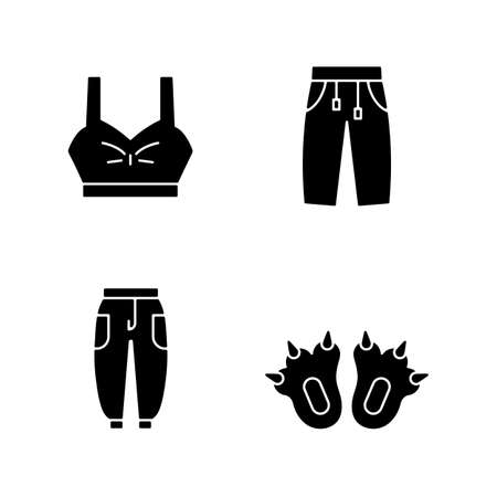 Comfortable clothes for home black glyph icons set on white space. Bra top. Sweatpants for women and men. Comfy joggers. Sleepwear. Silhouette symbols. Vector isolated illustrationのイラスト素材