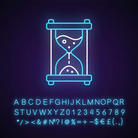 Hour glass neon light icon. Time measurement. Countdown with old clock. Solving puzzles ,. Outer glowing effect. Sign with alphabet, numbers and symbols. Vector isolated RGB color illustrationのイラスト素材