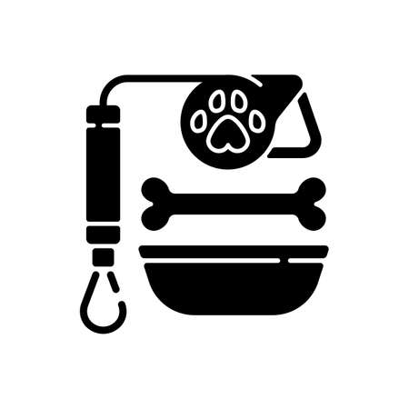 Pet lead and food black glyph icon. Shop with animal products. Supplies for cats and dogs. Everyday routine shopping and lifestyle. Silhouette symbol on white space. Vector isolated illustrationのイラスト素材