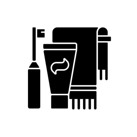 Brushing teeth black glyph icon. Toothpaste and paste in bathroom. Towel for personal cleanliness and hygiene. Everyday bath routine. Silhouette symbol on white space. Vector isolated illustrationのイラスト素材