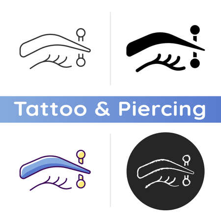 Eyebrow piercing icon. Metal needle injected in human eyebrow. Special type of piercing. Human body jewelery. Linear black and RGB color styles. Isolated vector illustrationsのイラスト素材