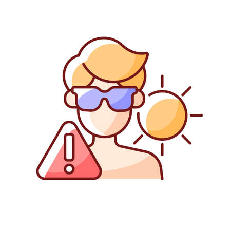Overexposure to sun RGB color icon. Person in sunglasses on beach risking sunstroke. Man in danger of sunburn during summer. Isolated vector illustration. Heat stroke simple filled line drawingのイラスト素材