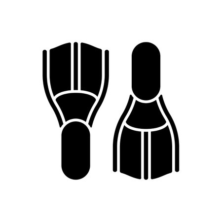 Swimfins black glyph icon. Diving fins. Flotation device. Moving through water. Safety swimming aid. Kick training. Finlike accessory. Silhouette symbol on white space. Vector isolated illustrationのイラスト素材