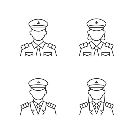 Cruise crew linear icons set. Organization of comfortable trip for tourists. Helping visitors. Customizable thin line contour symbols. Isolated vector outline illustrations. Editable strokeのイラスト素材