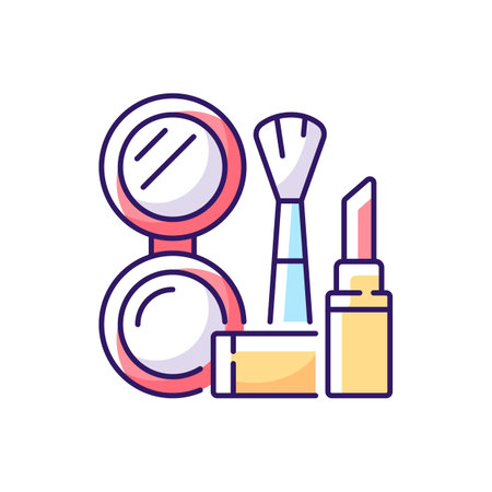 Makeup RGB color icon. Cosmetic products. Female skincare. Lipstick and powder set. Brush for women. Isolated vector illustration. Everyday routine and lifestyle simple filled line drawingのイラスト素材