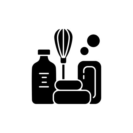 DIY soap black glyph icon. Natural and aromatic product. Melt-and-pour soap. Soapmaking supplies. Adding herbs and essential oils. Silhouette symbol on white space. Vector isolated illustrationのイラスト素材