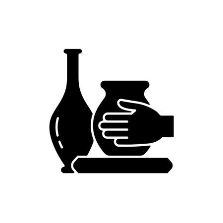 Handmade pottery black glyph icon. Ceramic vessels creation. Making pottery on wheel. Forming desired shape. Handcrafted sculpture. Silhouette symbol on white space. Vector isolated illustrationのイラスト素材