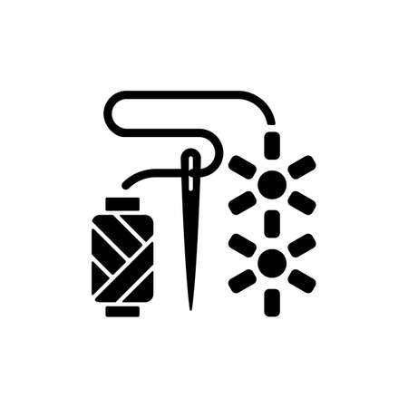 Beadwork black glyph icon. Attaching beads with sewing needle. Fabric decoration. Jewelry hobby. Ornamental work. Bead embroidery. Silhouette symbol on white space. Vector isolated illustrationのイラスト素材