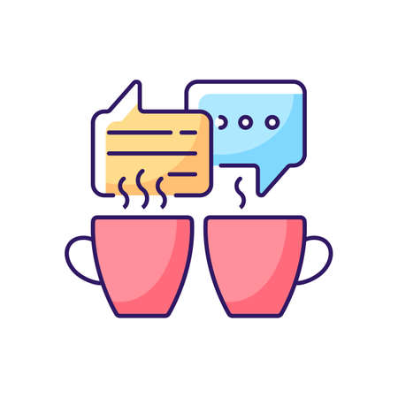 Socializing RGB color icon. Friends meeting over coffee. Talking over hot cafe drinks. Speech bubbles with two cups. Isolated vector illustration. Everyday routine simple filled line drawingのイラスト素材