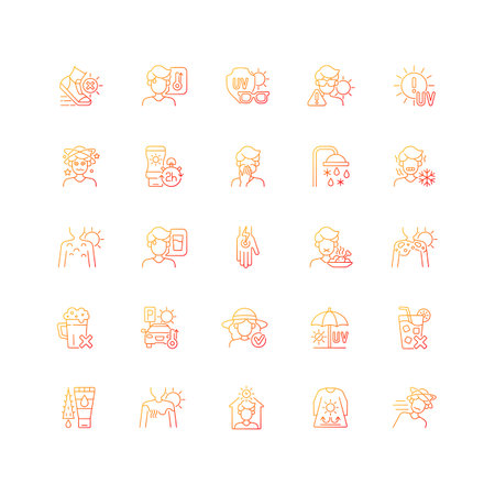 Sunburn and sunstroke prevention gradient linear vector icons set. Heatstroke symptoms. Sunblock for UV rays. Thin line contour symbols bundle. Isolated vector outline illustrations collectionのイラスト素材