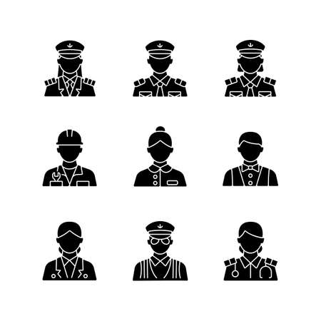 Ship staff black glyph icons set on white space. Comfortable cruise for passengers. Providing services customers need. Controlling ocean trip. Silhouette symbols. Vector isolated illustrationのイラスト素材