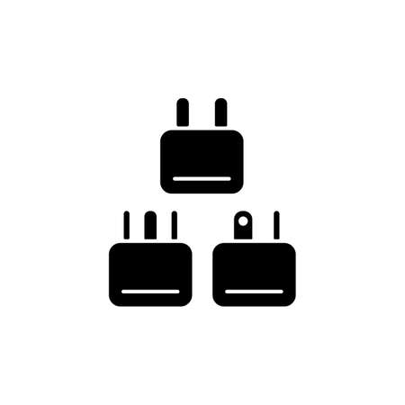 Travel adapter black glyph icon. Universal plug for airplane passenger. Portable amenities. Things for tourist. Travel size objects. Silhouette symbol on white space. Vector isolated illustrationのイラスト素材
