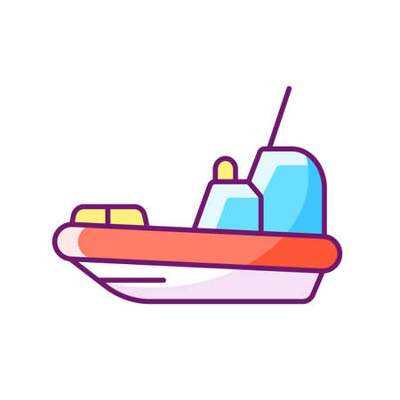 Rescue boat RGB color icon. Isolated vector illustration. Lifeboat for victims rescuing. Survival craft. Saving lives at sea, ocean. Lifesaving works. Emergency operations simple filled line drawingのイラスト素材