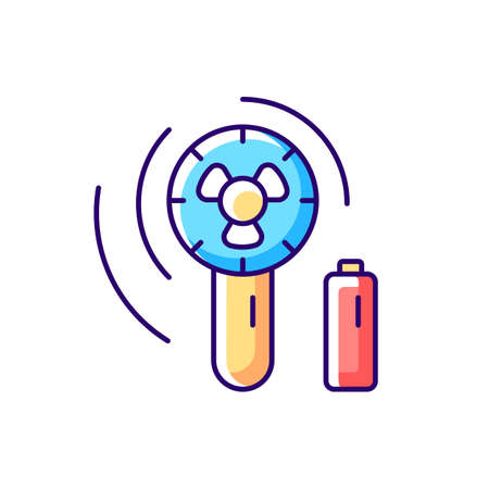 Mini travel fan RGB color icon. Portable amenities for comfort during summer vacation. Essential things for tourist. Isolated vector illustration. Travel size objects simple filled line drawingのイラスト素材
