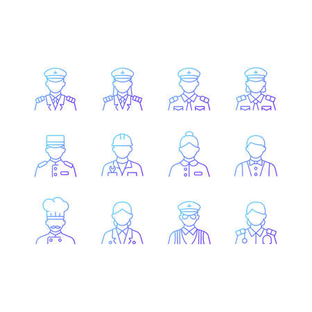 Cruise and hotel staff gradient linear vector icons set. Comfortable vacation. Proffesional crew controlling. Thin line contour symbols bundle. Isolated vector outline illustrations collectionのイラスト素材