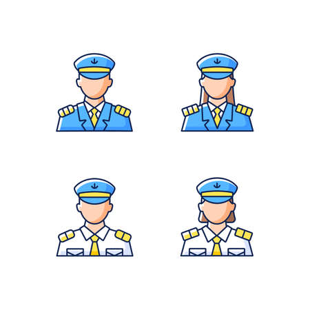 Cruise crew RGB color icons set. Isolated vector illustrations. Organization of comfortable trip for tourists. Providing service for passengers. Helping visitors simple filled line drawings collectionのイラスト素材