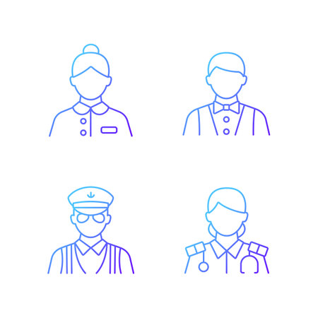 Cruise staff gradient linear vector icons set. Providing interesting voyage on big ship. Ocean tourism. Thin line contour symbols bundle. Isolated vector outline illustrations collectionのイラスト素材