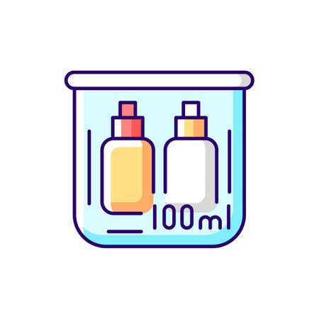 Travel size bottles 100 ml RGB color icon. Portable amenities with cosmetic products. Essential things for tourist. Isolated vector illustration. Passenger objects simple filled line drawingのイラスト素材