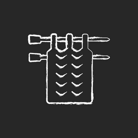 Knitting chalk white icon on dark background. Crochet. Hand knitting yarns. Handmade jumper, scarf, blanket. Patchwork. Using crocheters. Isolated vector chalkboard illustration on blackのイラスト素材