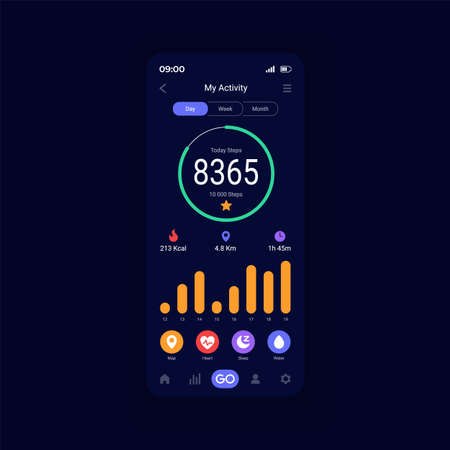Health analysis smartphone interface vector template. Mobile app page design layout. Modern functionality in sport. Body condition on smartphone screen. Flat UI for application. Phone displayのイラスト素材