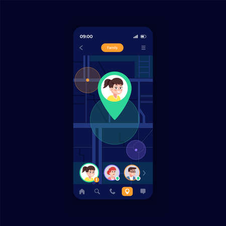 Family navigator smartphone interface vector template. Mobile app page design layout. Special functionality for finding kids. Beautiful smartphone screen. Flat UI for application. Phone displayのイラスト素材