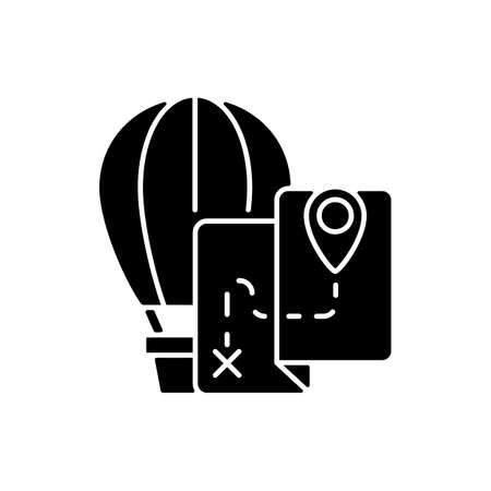Hot air balloon tourism black glyph icon. Flight journey. Fly high in basket. Tour plan for entertainment. Travel industry category. Silhouette symbol on white space. Vector isolated illustrationのイラスト素材