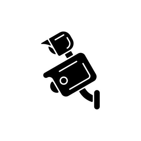 Floodlight camera black glyph icon. Scaring away intruders. Light control. Wireless outdoor camera. Motion detection function at nights. Silhouette symbol on white space. Vector isolated illustrationのイラスト素材