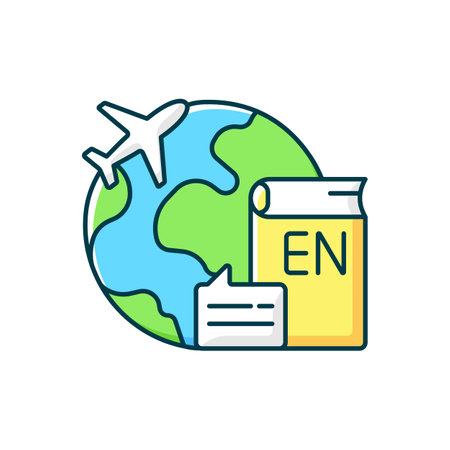 Travel to teach English RGB color icon. Study abroad. Student exchange. International educational program. Isolated vector illustration. Tourism industry category simple filled line drawingのイラスト素材