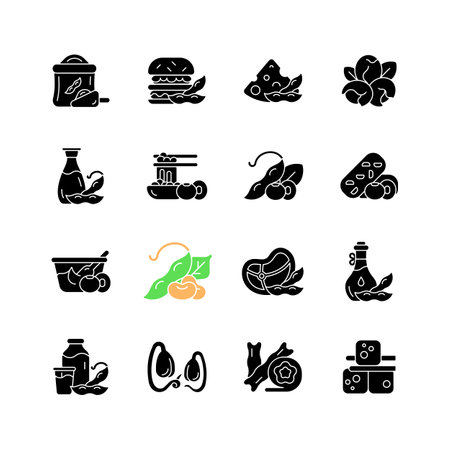 Soy foods black glyph icons set on white space. Healthy meals preparation. Vegetarian types of products. Plant based snacks. Nutritions source. Silhouette symbols. Vector isolated illustrationのイラスト素材