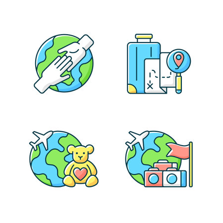Travel RGB color icons set. Volunteer trip. Group journey. DIY travel. Fly on airplane tour abroad. Isolated vector illustrations. Tourism industry category simple filled line drawings collectionのイラスト素材