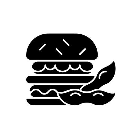 Soy burger black glyph icon. Patty made from organic vegetables. Vegeterian type of popular foods. Healthy sybeans based meals cooking. Silhouette symbol on white space. Vector isolated illustrationのイラスト素材