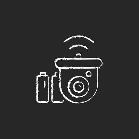 Wireless outdoor security camera chalk white icon on dark background. Solution for places with limited and no WiFi access. Using own power supply. Isolated vector chalkboard illustration on blackのイラスト素材