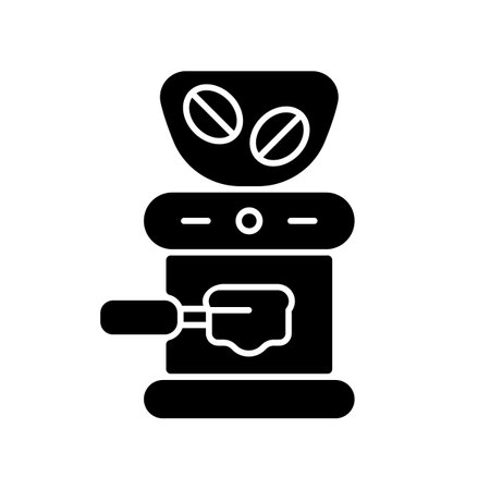 Coffee grinder black glyph icon. Electric mill for grounding beans. Professional espresso maker. Coffee shop appliance. Silhouette symbol on white space. Vector isolated illustrationのイラスト素材
