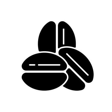 Coffee beans black glyph icon. Roasted seeds for espresso preparation. Processed arabica and robusta for coffee shops. Silhouette symbol on white space. Vector isolated illustrationのイラスト素材
