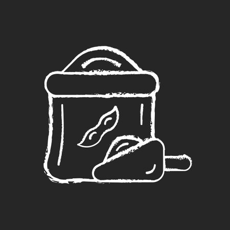 Kinako chalk white icon on dark background. Healthy soybeans flour. Organic meals ingredients. Vegeterian food types. Nutrition and vitamin source. Isolated vector chalkboard illustration on blackのイラスト素材