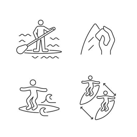Riding waves in ocean linear icons set. Paddle board surfing. Surfboard wax. Noseriding technique. Customizable thin line contour symbols. Isolated vector outline illustrations. Editable strokeのイラスト素材