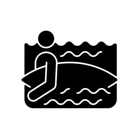 Surfer entering water black glyph icon. Surfing for first time. Choose surf spot. Holding board correctly. Surfer getting through waves. Silhouette symbol on white space. Vector isolated illustrationのイラスト素材