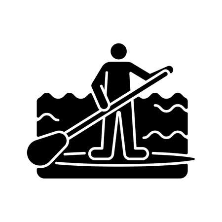 Paddle board surfing black glyph icon. SUP surfing. Upper body training. Requiring balance, coordination. Travel across water on board. Silhouette symbol on white space. Vector isolated illustrationのイラスト素材