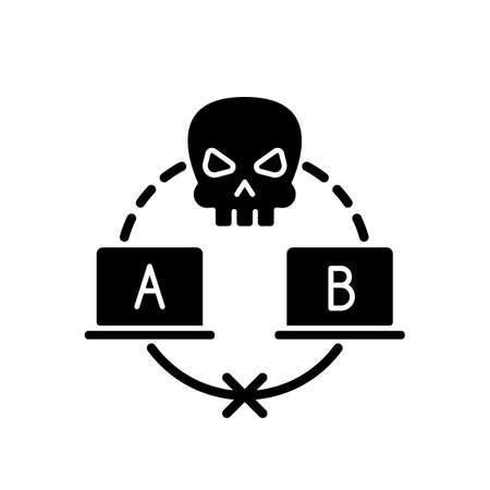 Sniffing attack black glyph icon. Illicitly data capturing and decoding. Retrieving sensitive information. Malicious intruding. Silhouette symbol on white space. Vector isolated illustrationのイラスト素材
