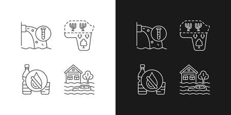 Water stress linear icons set for dark and light mode. Desert expansion. Urban runoff management. Customizable thin line symbols. Isolated vector outline illustrations. Editable strokeのイラスト素材