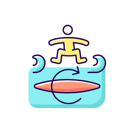 Kickflip surfing technique RGB color icon. Isolated vector illustration. Performing flip trick on surfboard. Board spinning clockwise. Maneuver on wave. Backside rotation simple filled line drawingのイラスト素材