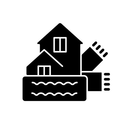 Weatherization black glyph icon. Weatherproofing building. Efficient insulation for home. House heat, climate control. Energy purchase. Silhouette symbol on white space. Vector isolated illustrationのイラスト素材