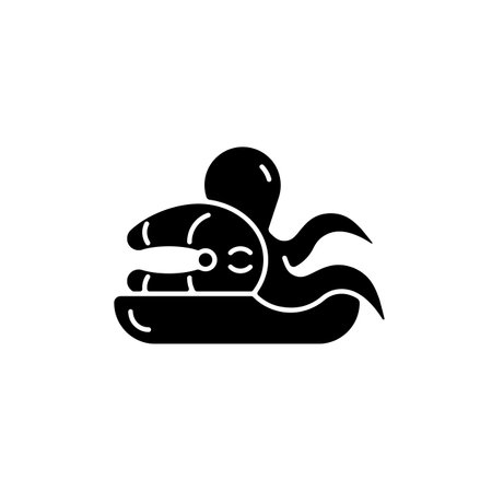 Seafood market black glyph icon. Taiwan street dishes. Fresh fish. Sea food restaurant dishes. Asian traditional cuisine. Silhouette symbol on white space. Vector isolated illustrationのイラスト素材