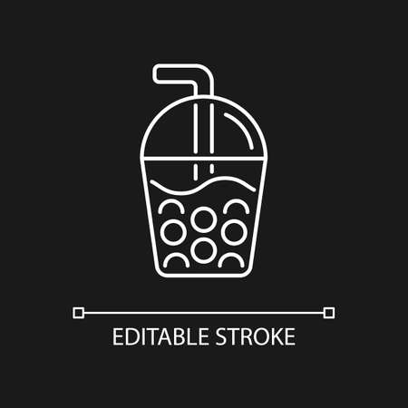 Bubble tea white linear icon for dark theme. Black tea with milk, ice and chewy tapioca pearls. Thin line customizable illustration. Isolated vector contour symbol for night mode. Editable strokeのイラスト素材