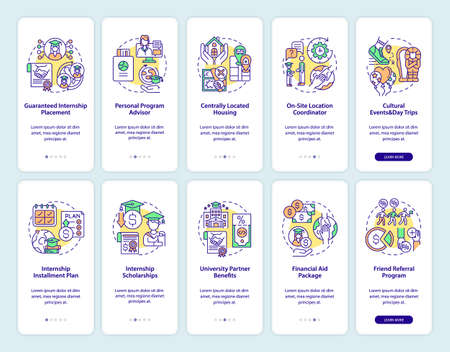 Internship programs onboarding mobile app page screens set. Financial support walkthrough 5 steps graphic instructions with concepts. UI, UX, GUI vector template with linear color illustrationsのイラスト素材