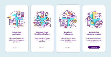 International internship procedure onboarding mobile app page screen. Submission walkthrough 4 steps graphic instructions with concepts. UI, UX, GUI vector template with linear color illustrationsのイラスト素材