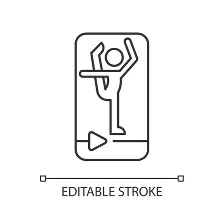 Online fitness stretching linear icon. Flexibility level customization. Muscle tension reduce. Thin line customizable illustration. Contour symbol. Vector isolated outline drawing. Editable strokeのイラスト素材